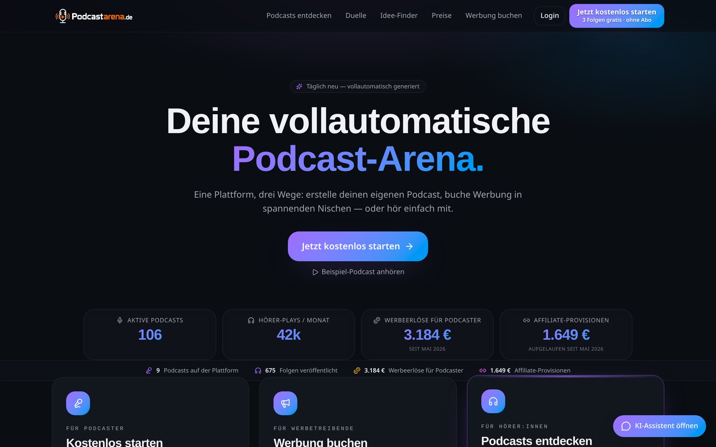 Startseite von podcastarena.de — Plattform für Podcast-Formate